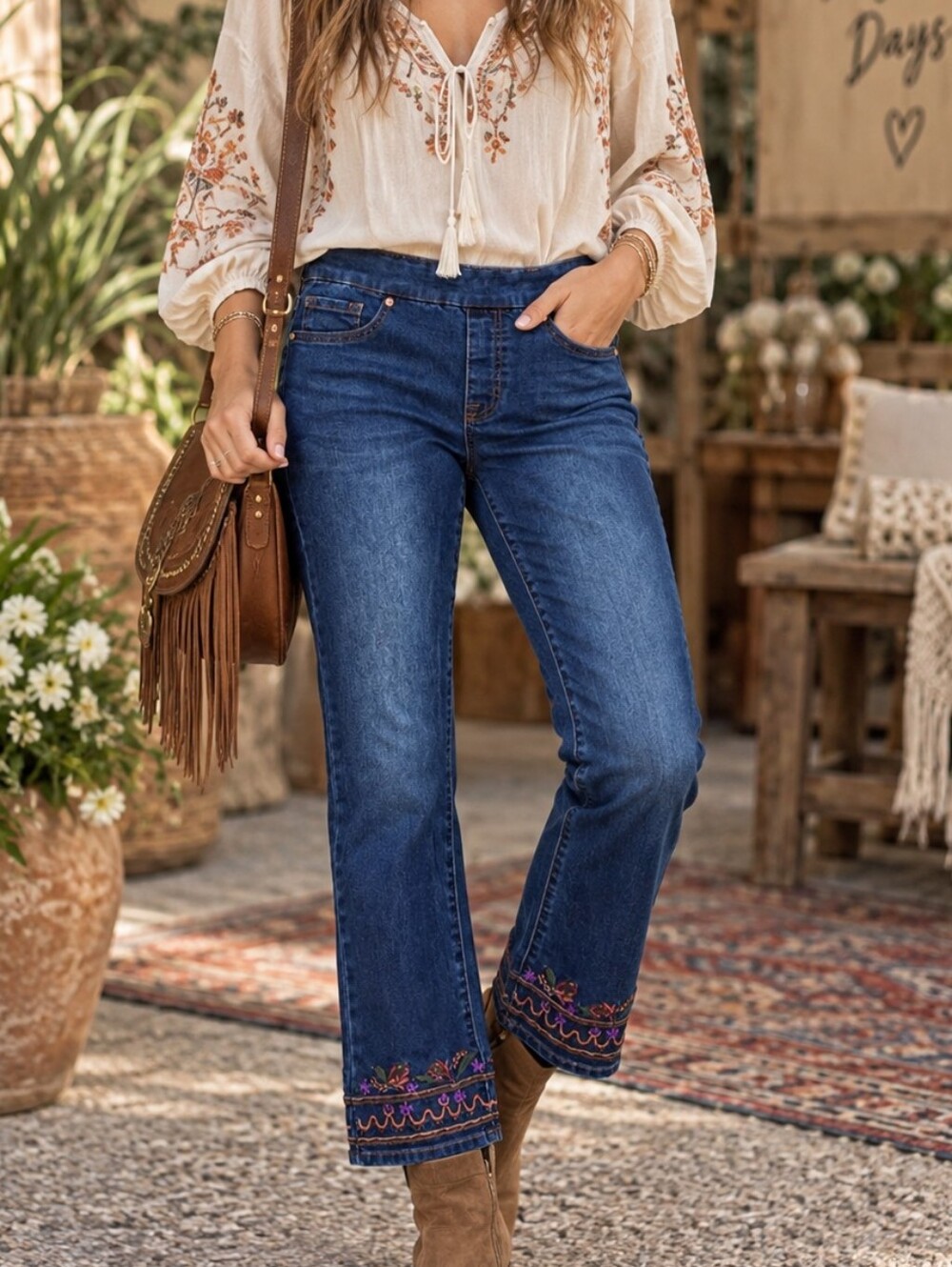 Northern Reflections Embroidered Hem Straight Leg Jeans Size 6